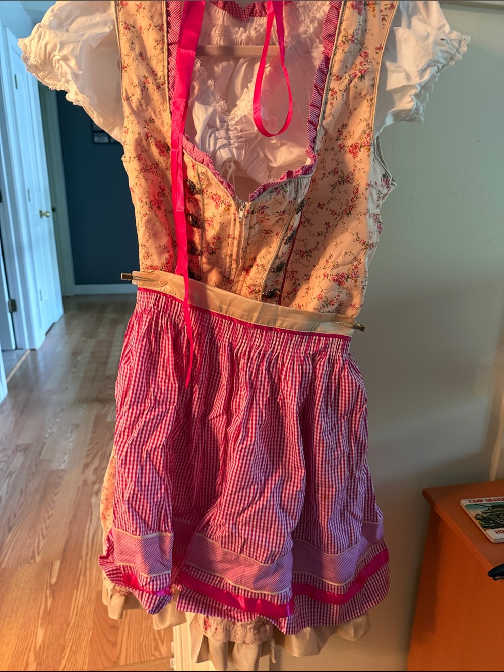 Pink Floral and Gingham German Costume Dress with Apron
